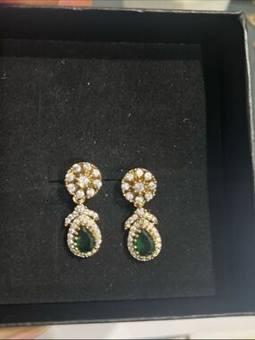 Simple emerald drop earrings with 14kt antique gold plated finish